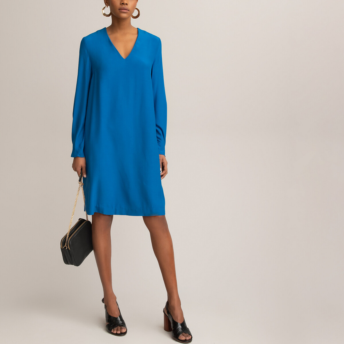 Mini shift dress with v-neck and long ...